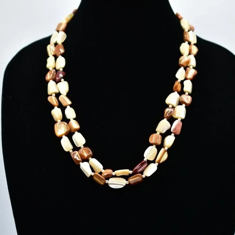 Vintage Necklace Long Stone Beaded Neutral Beige Brown White 48